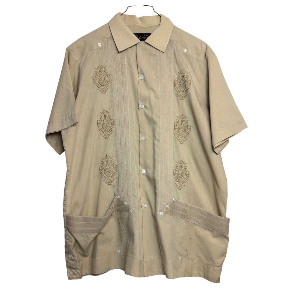 Guayateca Guayabera Shirt Mens XL Tan Tropical Boho Pintuck Short Sleeve Mexico